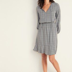 NWT Old Navy Longsleeved Tie-neck Waist-defined Grey Plaid Dress Medium